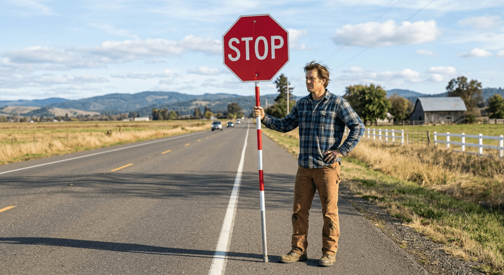 Man in plaid shirt holding a stop sign on a country road beside a field